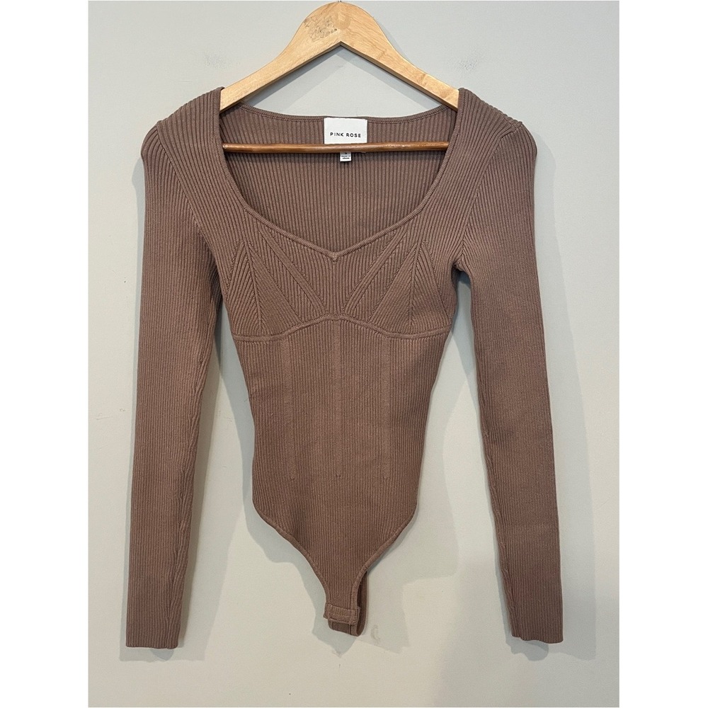 Pink Rose Ribbed Long-Sleeve Bodysuit in Soft Brown